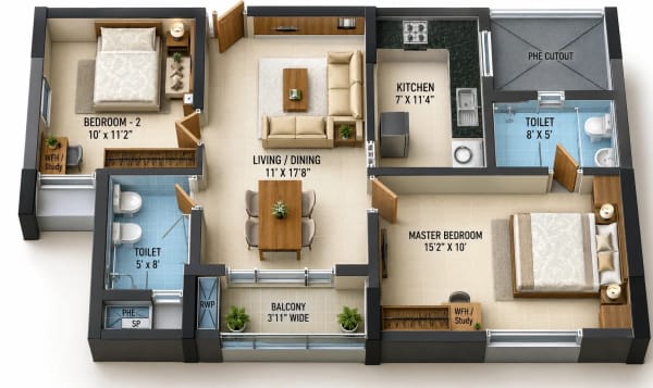 2 BHK Apartment floor plan — Adroit Prosper