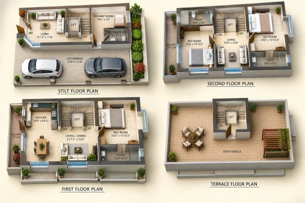 3 BHK Apartment floor plan — 2,354 sqft