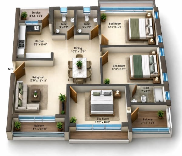 3 BHK Apartment floor plan — Anmol Shrusti