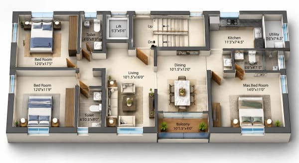 3 BHK Apartment floor plan — 1,530 sqft
