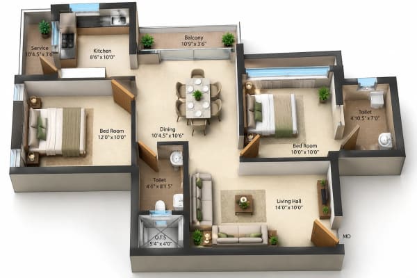 2 BHK apartment floor plan — 975 sqft