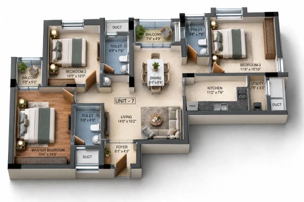 3 BHK Apartment floor plan — Raunaq Avinya