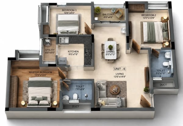 3 BHK Apartment floor plan — Raunaq Avinya