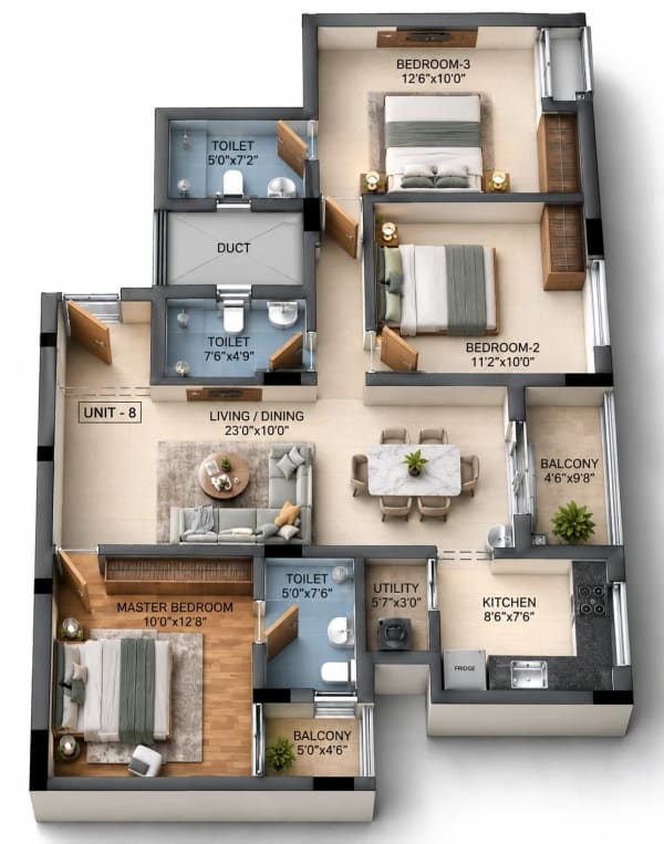 3 BHK Apartment floor plan — Raunaq Avinya
