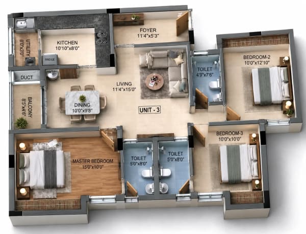 3 BHK Apartment floor plan — Raunaq Avinya