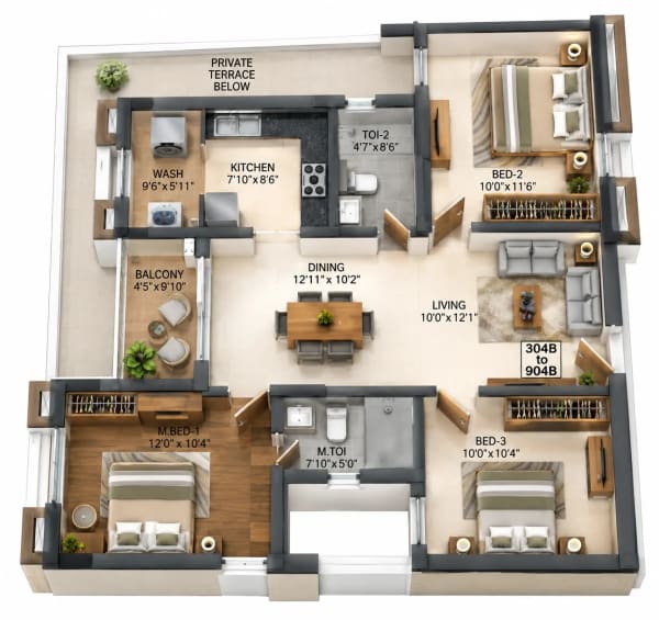 3 BHK Apartment floor plan — Raunaq Liverpool