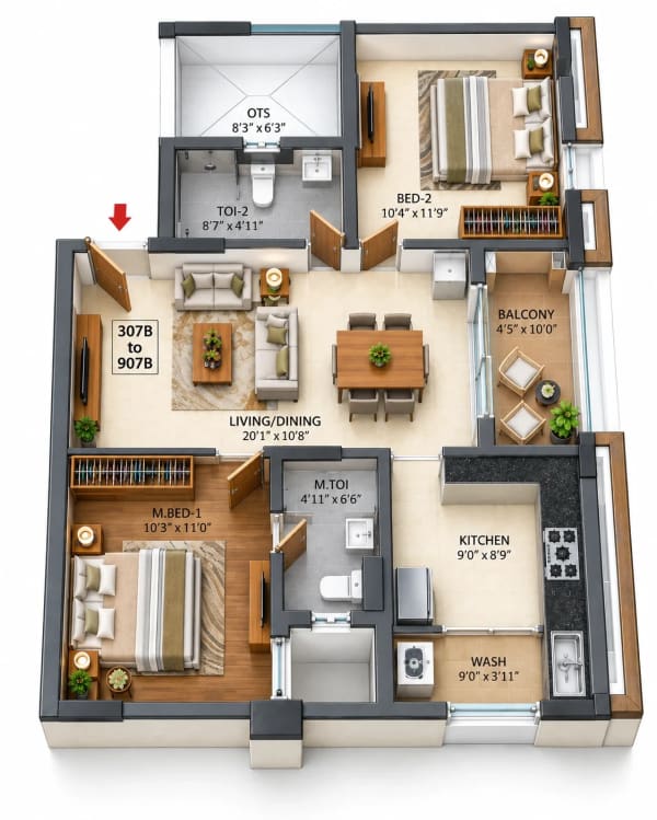 2 BHK Apartment floor plan — 1,102 sqft