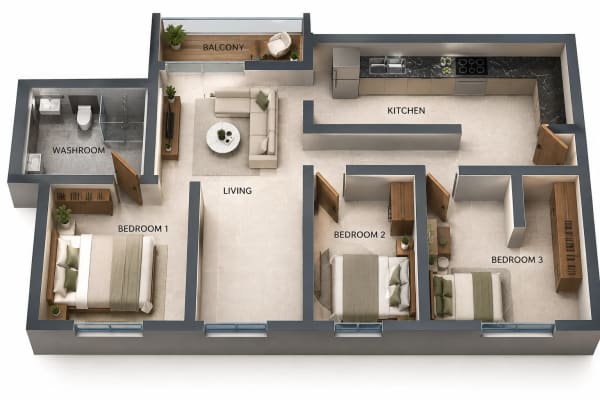 3 BHK Apartment floor plan — 1,641 sqft