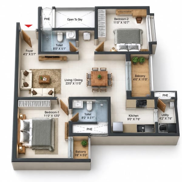 2 BHK Apartment floor plan — 1,199 sqft