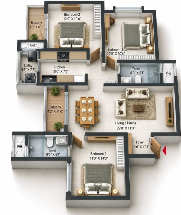 3 BHK Apartment floor plan — Prestige Pallavaram Gardens