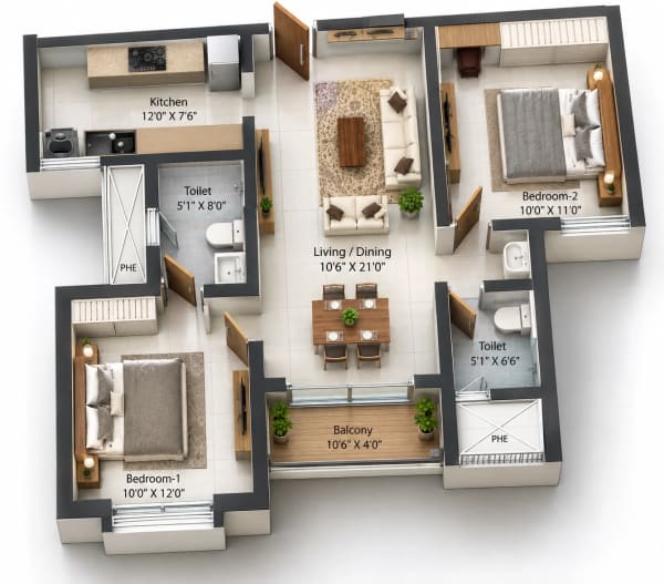 2 BHK Apartment floor plan — 1,009 sqft