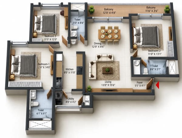 3 BHK Apartment floor plan — Prestige Pallavaram Gardens