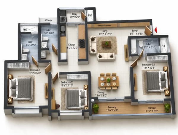 3 BHK Apartment floor plan — Prestige Pallavaram Gardens