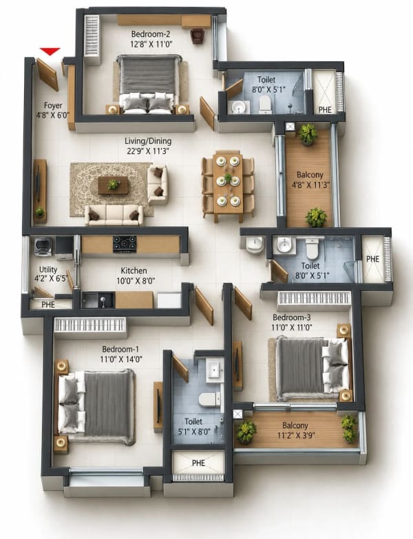 3 BHK Apartment floor plan — Prestige Pallavaram Gardens