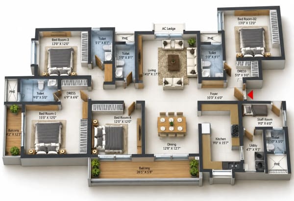 4 BHK Apartment floor plan — Prestige Pallavaram Gardens