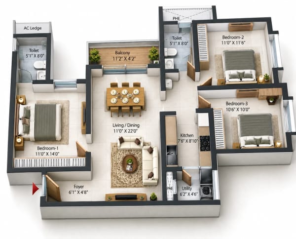 3 BHK Apartment floor plan — Prestige Pallavaram Gardens