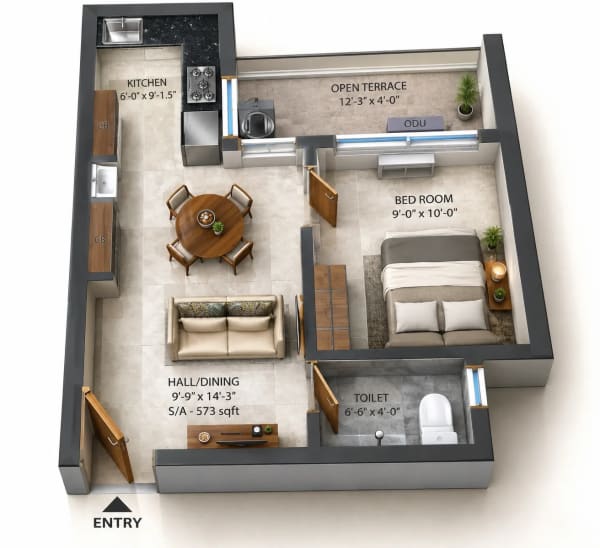 1 BHK Apartment floor plan — 573 sqft