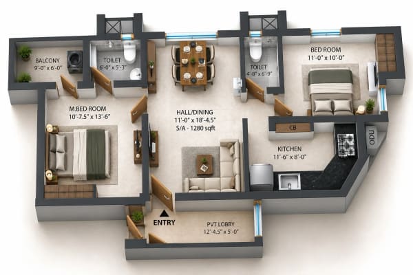 2 BHK Apartment floor plan — i5 Spyka Bliss