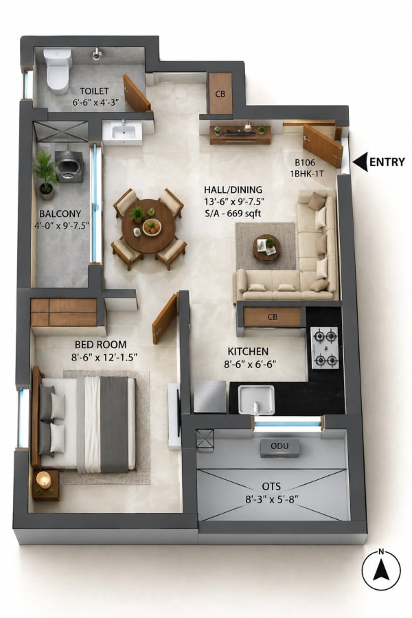 1 BHK Apartment floor plan — 669 sqft