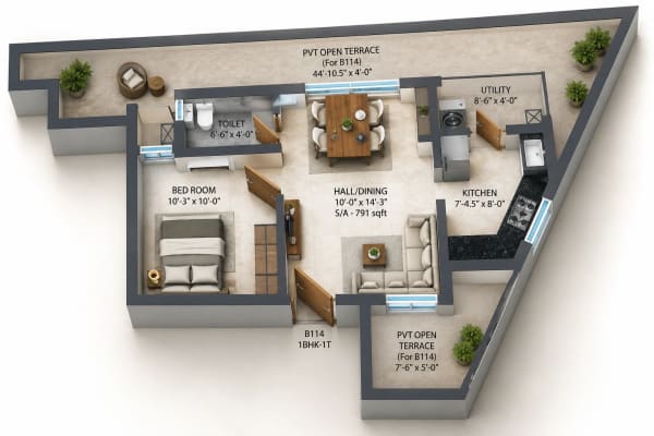 1 BHK Apartment floor plan — 791 sqft