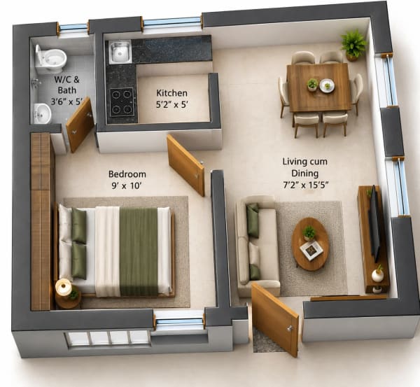 1 BHK Villa floor plan — 394 sqft