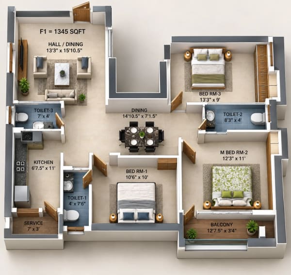 3 BHK Apartment floor plan — 1,345 sqft