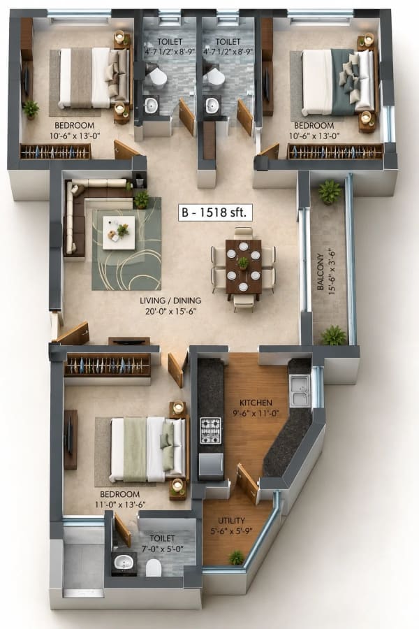 3 BHK Apartment floor plan — 1,518 sqft