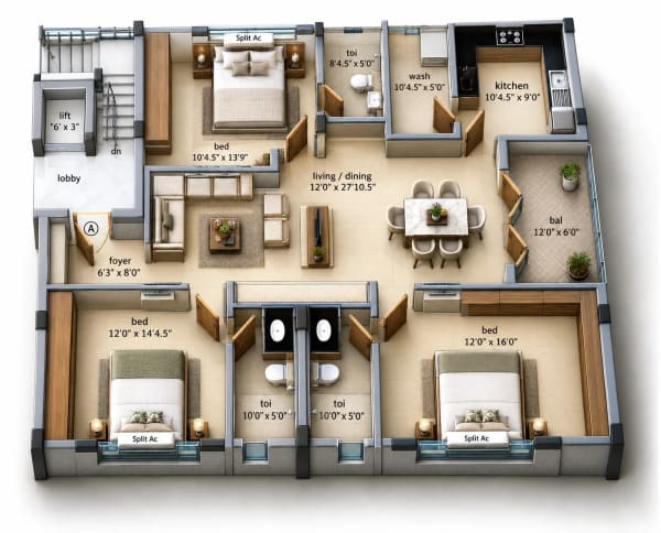 3 BHK Apartment floor plan — Golden Laburnum