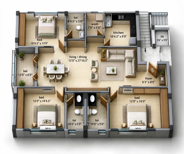 3 BHK Apartment floor plan — Golden Laburnum