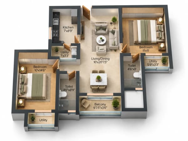 2 BHK Apartment floor plan — 1,116 sqft