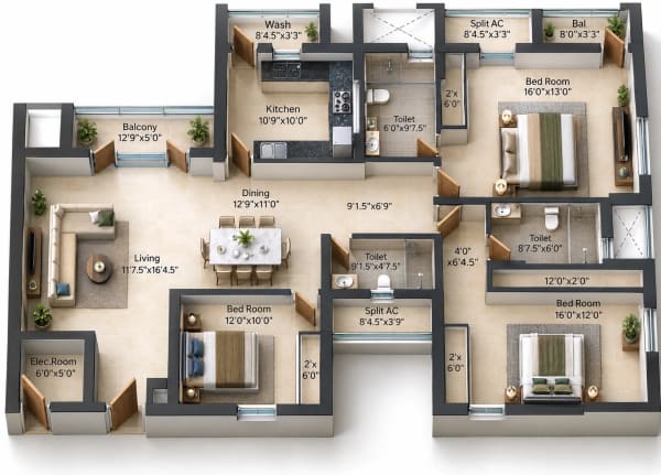 3 BHK Apartment floor plan — Golden Opulence