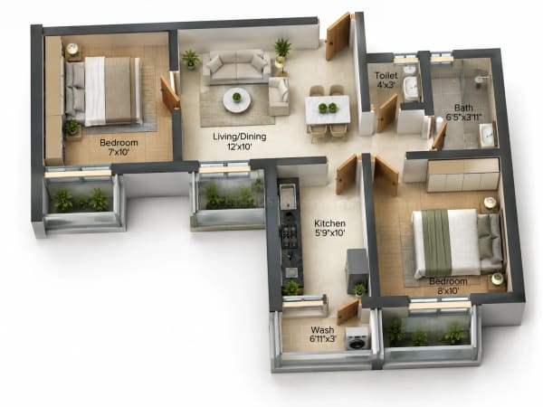 2 BHK Apartment floor plan — 690 sqft