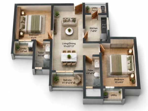 2 BHK Apartment floor plan — 1,077 sqft
