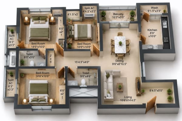 3 BHK Apartment floor plan — Golden Opulence