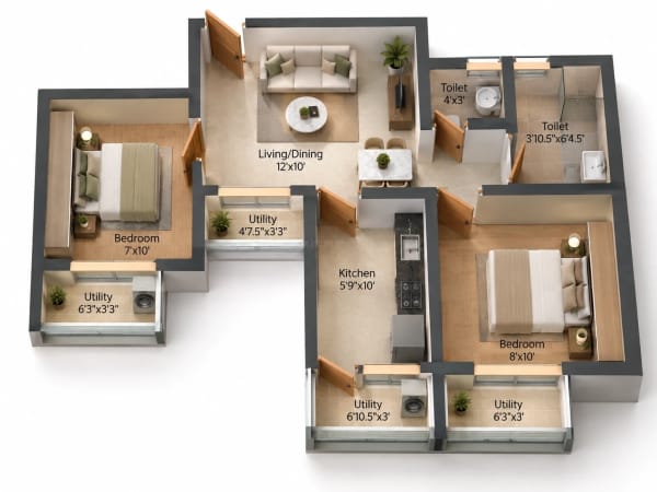 2 BHK Apartment floor plan — 709 sqft