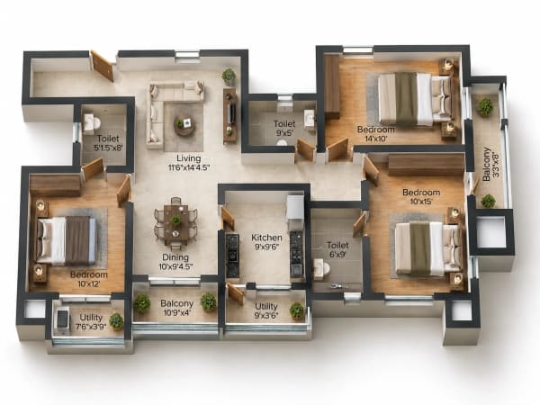 3 BHK Apartment floor plan — Golden Opulence
