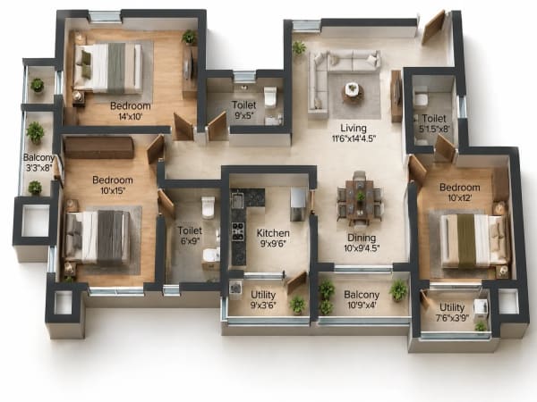 3 BHK Apartment floor plan — Golden Opulence