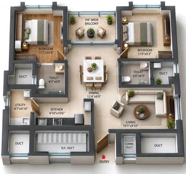 2 BHK Apartment floor plan — 1,112 sqft