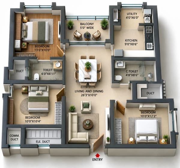 3 BHK Apartment floor plan — Voora One Sea