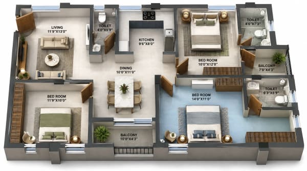 3 BHK Apartment floor plan — 1,377 sqft