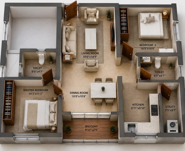 2 BHK Apartment floor plan — 1,090 sqft
