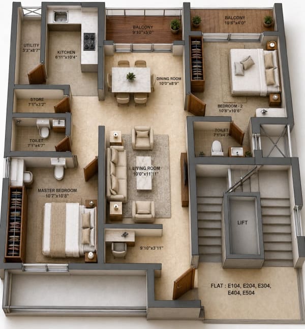 2 BHK Apartment floor plan — 1,332 sqft