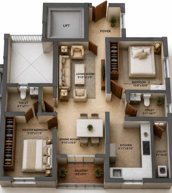 2 BHK Apartment floor plan — 1,183 sqft