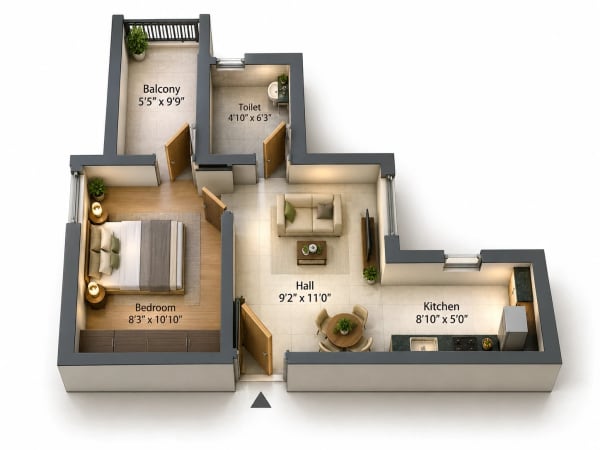 1 BHK Apartment floor plan — 488 sqft