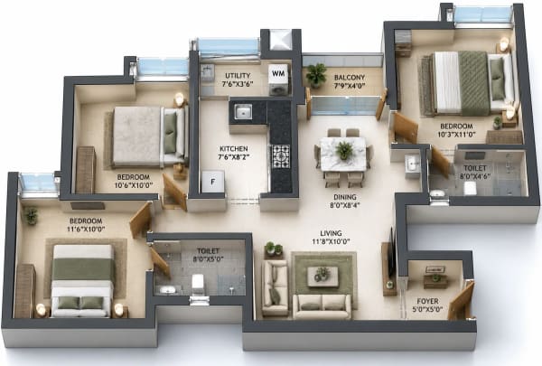 3 BHK Apartment floor plan — Malles Adhika