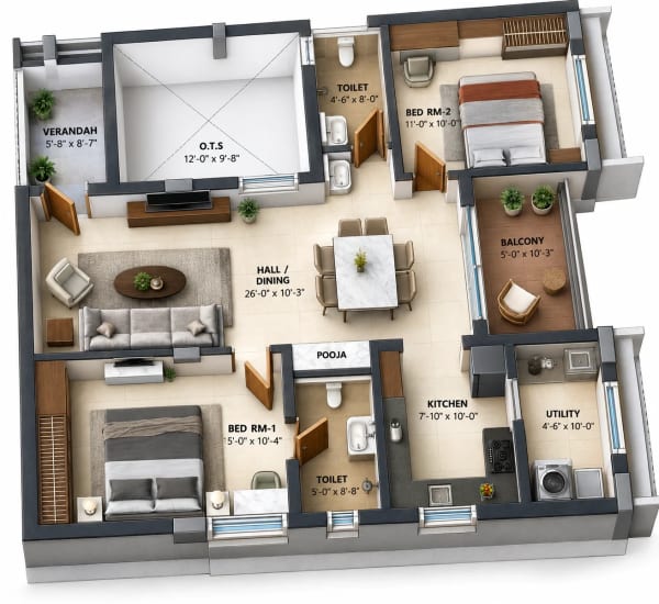 2 BHK Apartment floor plan — 1,292 sqft