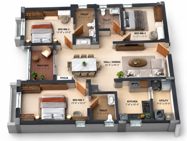 3 BHK Apartment floor plan — Purnaya Ekta