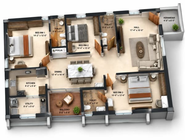 3 BHK Apartment floor plan — Purnaya Ekta