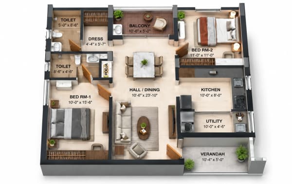 2 BHK Apartment floor plan — 1,308 sqft
