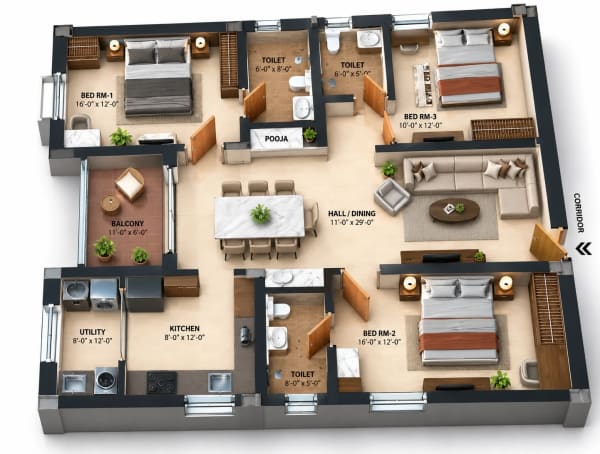 3 BHK Apartment floor plan — Purnaya Ekta